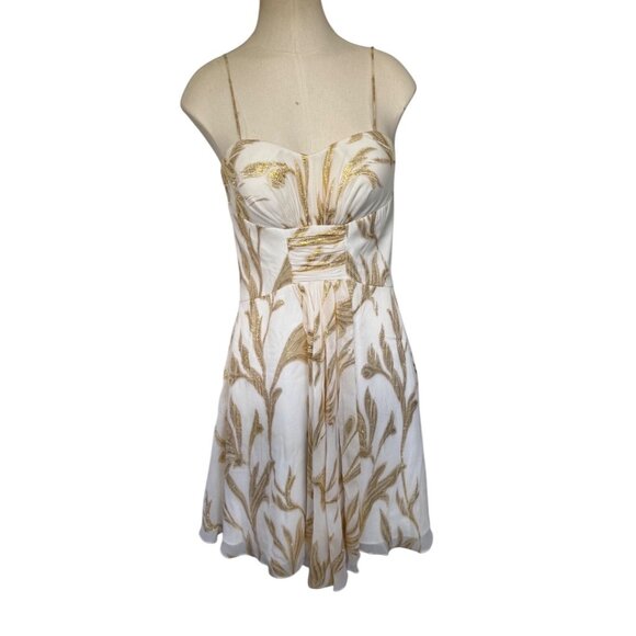 Aidan Mattox White & Gold Embroidered Silk Dress Size 4 - Picture 1 of 16